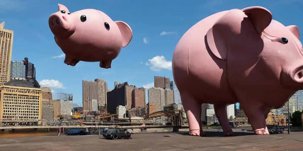 Prompt: giant mechanical piggy attacks pittsburgh