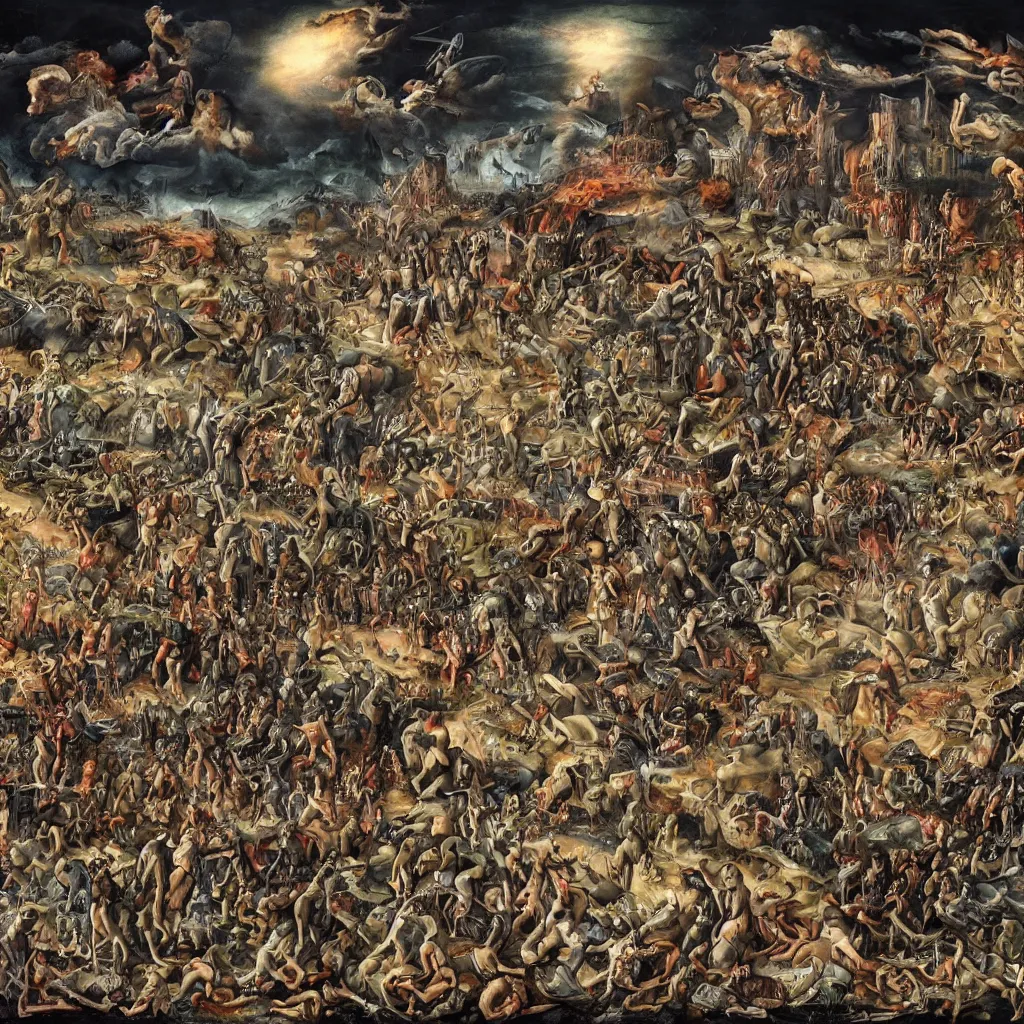 Prompt: a visualization of the apocalypse, death, war, famine