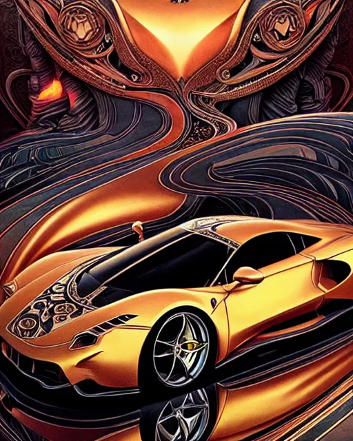 Prompt: Art nouveau Ferarri car, fantasy, intricate zigzag designs, elegant, highly detailed, sharp focus, art by Artgerm and Greg Rutkowski and WLOP