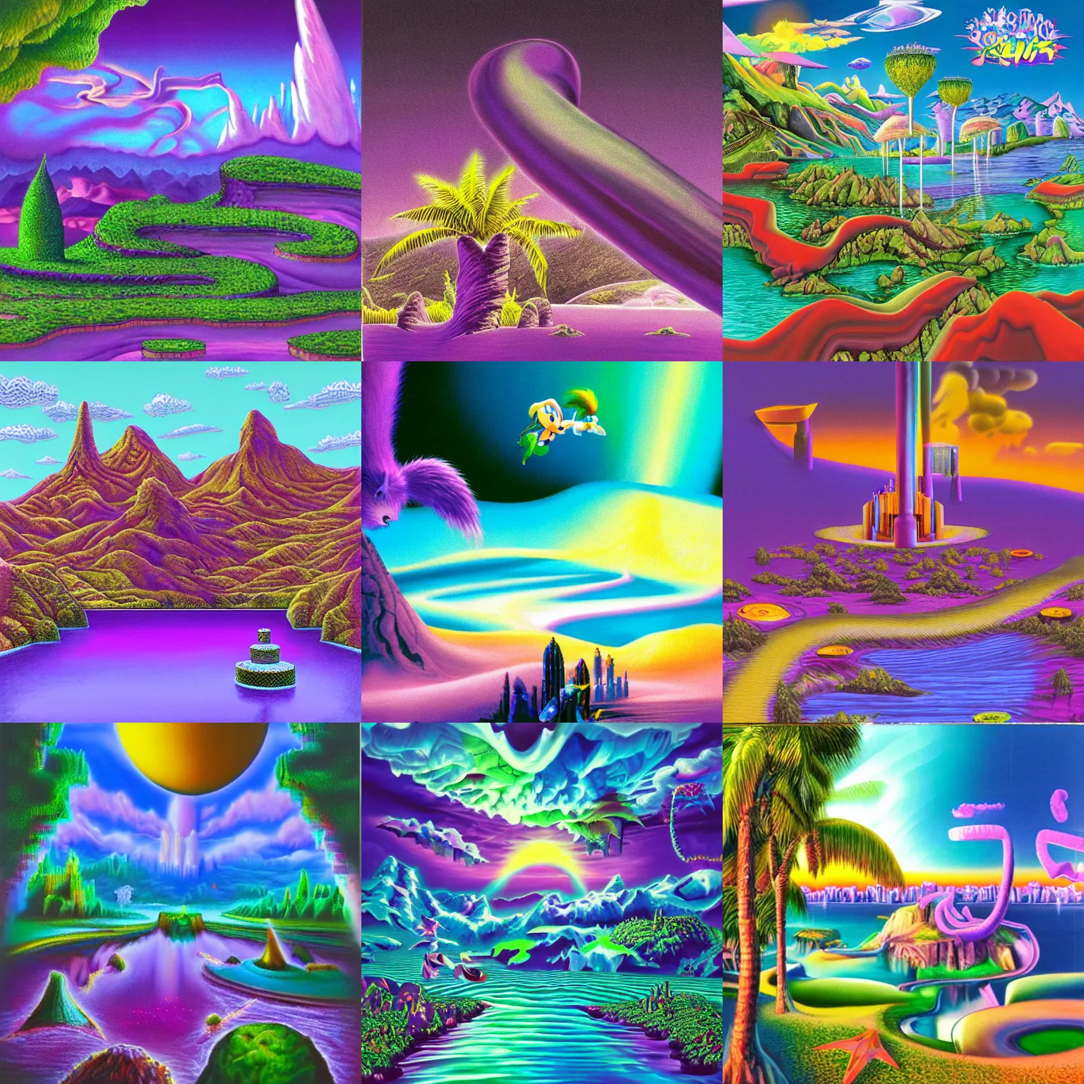 Prompt: matte painting landscape of a surreal, sharp, detailed professional, soft pastels, high quality airbrush art album cover of a liquid dissolving airbrush art lsd dmt sonic the hedgehog swimming through cyberspace, purple checkerboard background, 1 9 9 0 s 1 9 9 2 sega genesis rareware video game album cover