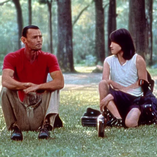 Prompt: movie still from the movie forest gump but gump is replaced by a yautja