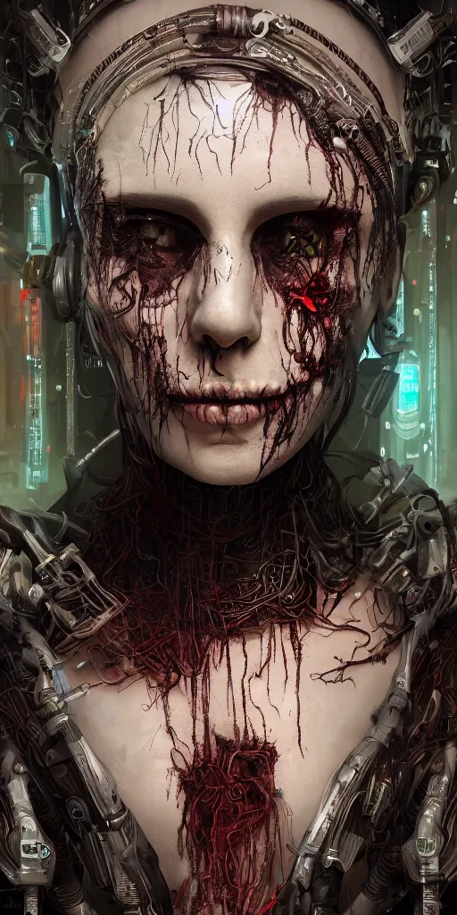 Image similar to Portrait of an impossibly beautiful undead cyberpunk, gorgeous, single face, full body, intricate complexity, horror, psychedelic art, trending on art station, photoreal, 8k, octane render