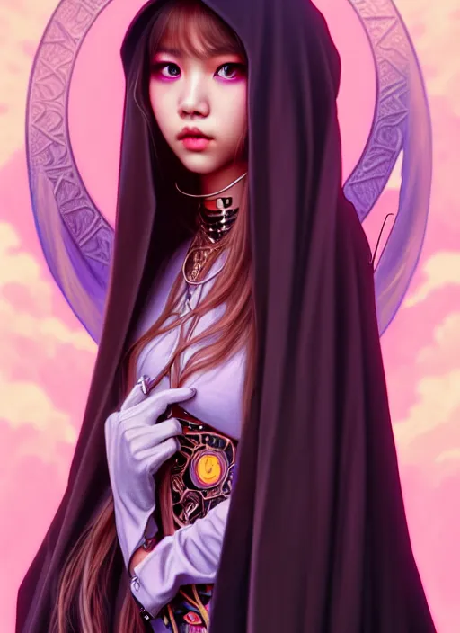 Image similar to lalisa manoban of blackpink, grim reaper costume, tarot card, highly detailed, digital painting, smooth, sharp focus, illustration, ultra realistic, 8 k, art by artgerm and alphonse mucha