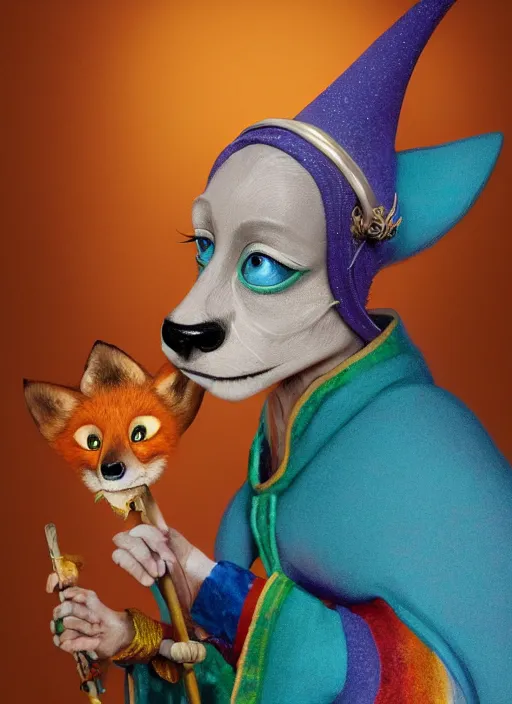 Image similar to an anthropomorphic beautiful female wizard portrait made of fox holding a staff wearing colourful robe, fine art, award winning, intricate, elegant, sharp focus, octane render, hyperrealistic, cinematic lighting, highly detailed, digital painting, 8 k concept art, art by jamie hewlett and z. w. gu, masterpiece, trending on artstation, 8 k