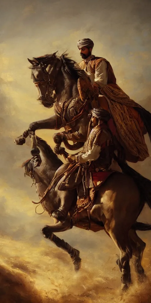 Image similar to Highly detailed and cinematic romantic period oil painting of an Arabian prince riding a rearing horse, beautifully lit and atmospheric, an oil painting masterpiece by Josep Tapiró Baró, RPG portrait, dynamic lighting, 8K