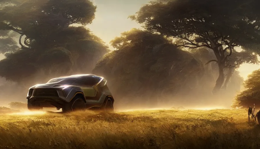 Image similar to a concept suv designed by apple driving through african savanna, artgerm and greg rutkowski and alphonse mucha, an epic fantasy, volumetric light, detailed, establishing shot, an epic fantasy, trending on art station, octane render, midsommar