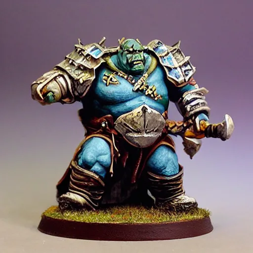 Image similar to ogre warrior wearing plated armor who is holding a battle axe in the style of warhammer fantasy : : head and torso oil painting