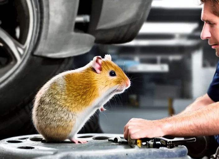 Image similar to film still of a hamster working as a mechanic in an auto shop, 8 k