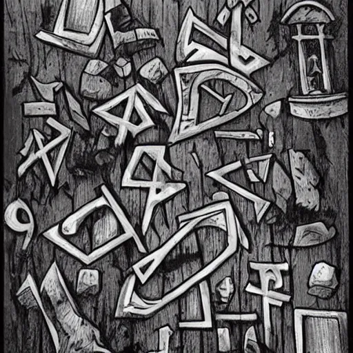 Image similar to A grave yard, with wooden graves in the shape of the greek letter PSI. Faded Edges, Dark Fantasy, Film Noir, Black and White. High Contrast, Mike Mignola, D&D, OSR