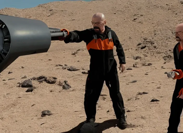 Image similar to film still of Walter White as Gordan Freeman wearing Black and orange Black Mesa Jumpsuit holding a gravity gun in the Half Life Movie, 4k