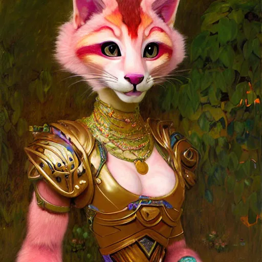 Image similar to a portrait of a female pink cat wearing ornate plastic armor at night in a dark forest. zootopia fursona furaffinity furry art detailed face painting by gaston bussiere craig mullins jc leyendecker gustav klimt artgerm greg rutkowski furry