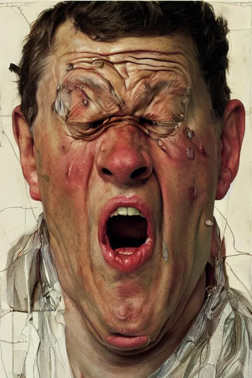 Image similar to portrait of one enraged man, part by Jenny Saville, part by Lucian Freud, part by Norman Rockwell