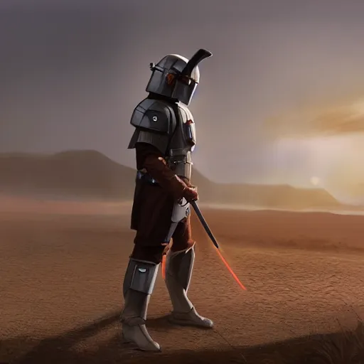 Image similar to a young blonde male jedi with short hair standing still looking at the sunset, over the shoulder shot, ots shot, third-person shot, full-length, head-to-toe, full body photography, extremely long shot, long shot, concept art by Doug Chiang cinematic, realistic painting, high definition, concept art, the Mandalorian concept art style