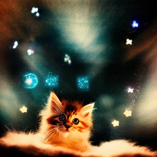 Image similar to !dream Photo of a cute extremely fluffy kitten playing with light double exposed with stars. Light painting. Bokeh. Whimsical. Magical.