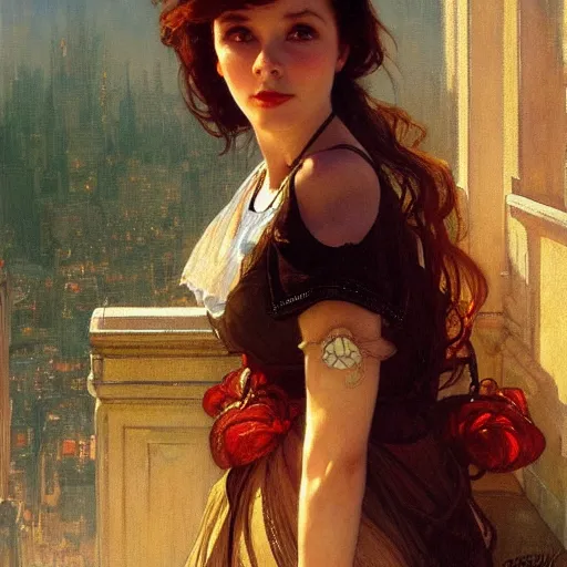 Image similar to a young vivian leigh, city background, dramatic lighting, high detail, painted, by greg rutkowski, painted by stanley artgerm, painted by alphonse mucha, trending on artstation