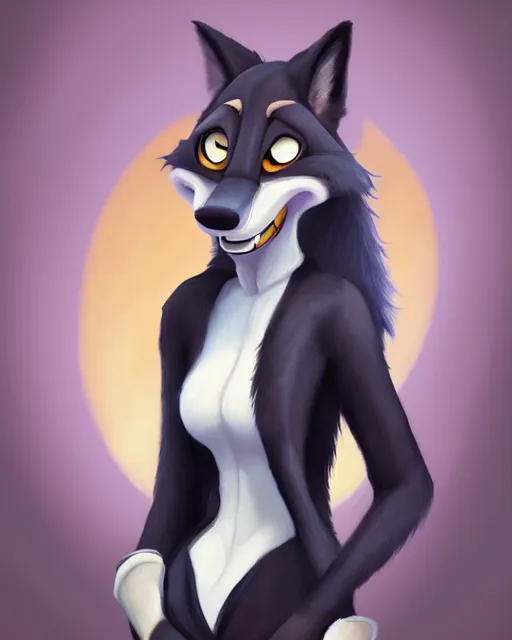 Image similar to oil painting of anthromorphic female wolf, in style of zootopia, female fursona, furry, furaffinity, 4 k, deviantart, furry art, fursona art, wearing black business suit, business suit, wolf fursona, female, very expressive detailed feminine face,