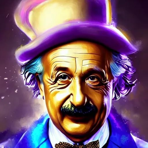 Image similar to portrait of albert einstein as willy wonka, league of legends amazing splashscreen artwork, fantasy, splash art, natural light, elegant, photorealistic facial features, intricate, fantasy, detailed face, atmospheric lighting, anamorphic lens flare, cinematic lighting, league of legends splash art, hd wallpaper, ultra high details by greg rutkowski