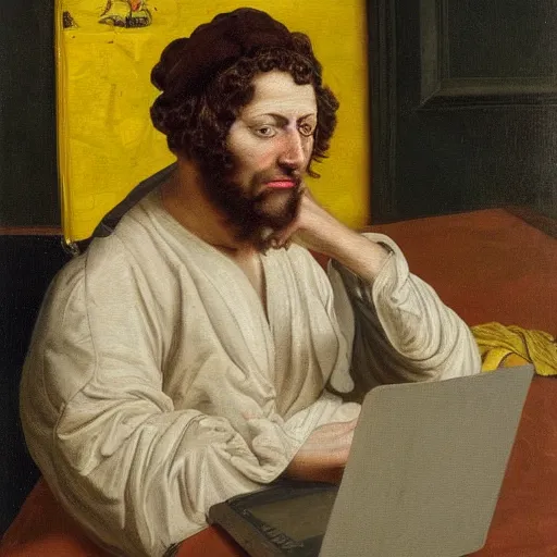 Prompt: tired man in a bumblebee costume drinks coffee in front of a laptop, highly detailed, masterpiece, neo - classicist, oil on canvas