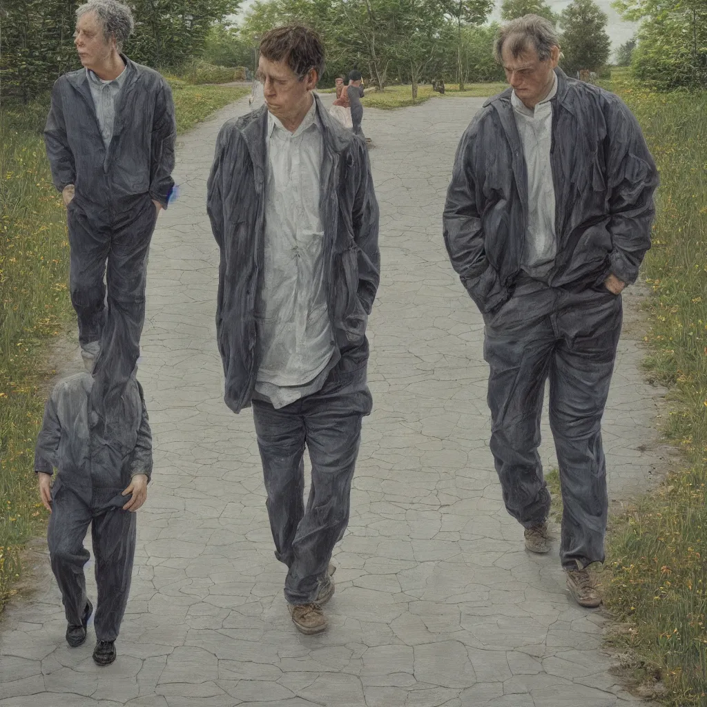 Prompt: high quality high detail painting of todd solondz walking with a friend by lucian freud and gregory crewdson, hd, photorealistic lighting