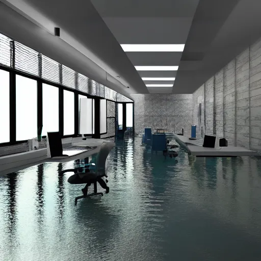 Image similar to flooded electrical office environment, unreal engine render award-winning