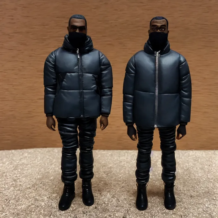 Image similar to a goodsmile figure of kanye west using a full face covering black mask, a small, tight, undersized reflective bright blue round puffer jacket made of nylon, dark jeans pants and big black balenciaga rubber boots, figurine, detailed product photo