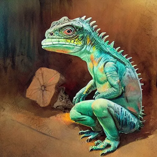 Image similar to Graffiti a gnome metamorphoses into an iguana in stages concept art by frank frazetta simon stalenhag greg rutkowski andrew wyeth niel welliver peter doig robert rauschenberg mark ryden