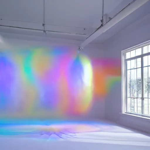 Image similar to an ultra high definition professional studio quality photograph of a transparent iridescent perspex pastel coloured inflatable abstract parachute sculpture in an empty white room. dramatic lighting, ray tracing, refraction, shallow d. o. f, colour corrected, golden ratio, three point light. volumetric shadows. god rays.