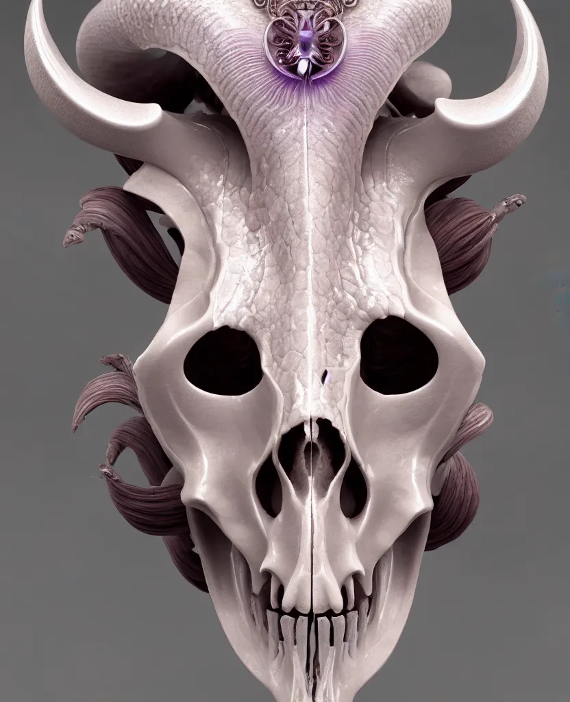 Image similar to goddess princess face close-up portrait ram skull. hard surface modelling zbrush. jellyfish phoenix head, nautilus, orchid, skull, betta fish, bioluminiscent creatures, intricate artwork by Tooth Wu and wlop and beeple. octane render, trending on artstation, greg rutkowski very coherent symmetrical artwork. cinematic, hyper realism, high detail, octane render, 8k