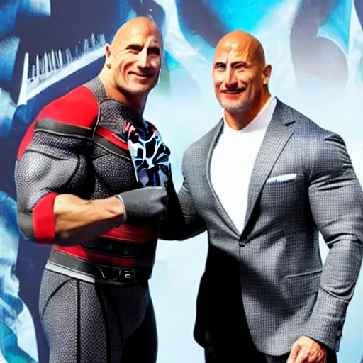 Image similar to dwayne johnson promo on ring wearing spiderman costumes