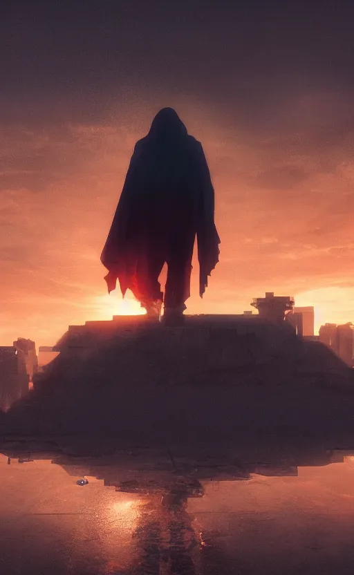 Image similar to a singular cloaked figure standing in the foreground of a cyberpunk landscape, synth, puddles, sunrise