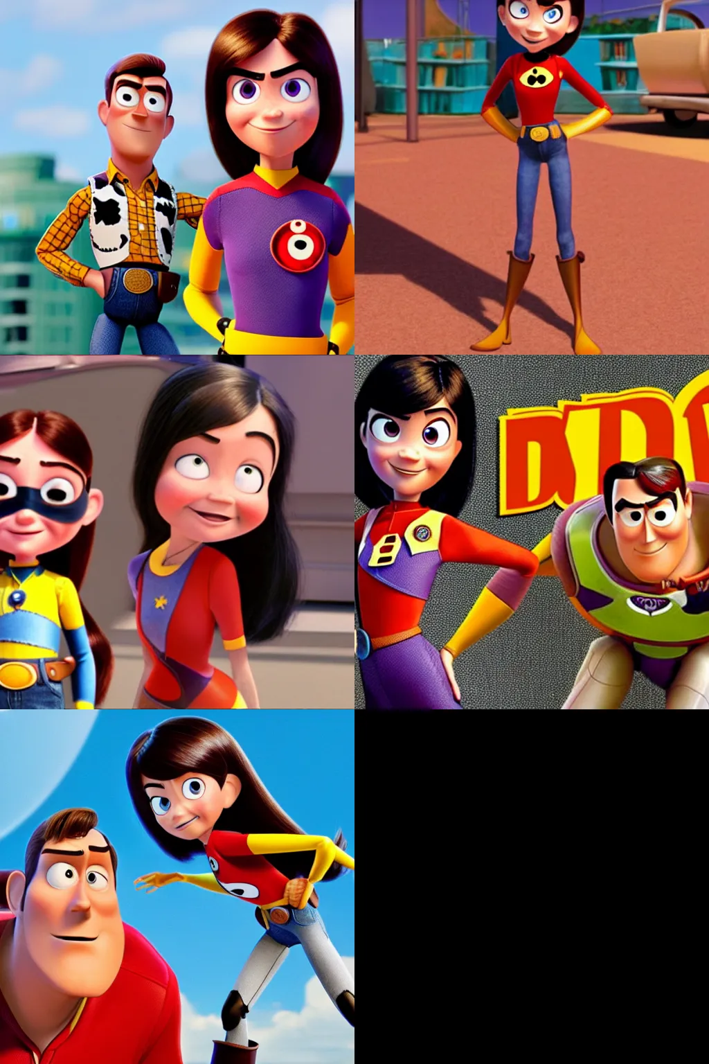 Prompt: violet parr in incredibles 2 style meets woody from movie toy story 4