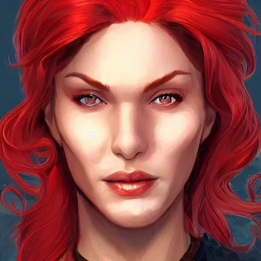 Prompt: Portrait of Jean Grey, a beautiful woman in her 30s, with red hair and green eyes, symmetrical face, detailed face, delicate features, warm and gentle smile, artstation, graphic novel, art by by Ardian Syaf,