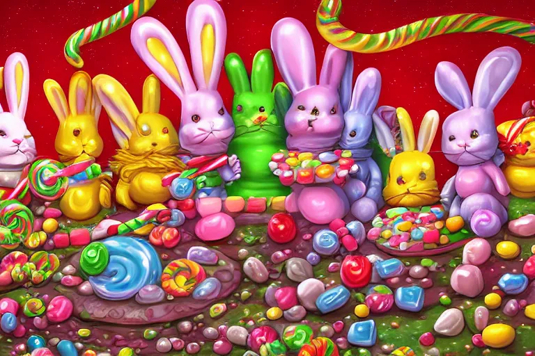 Prompt: an epic fantastic realism comic book style painting of an enchanted dreamland of cute candy critters, gumdrop bunnies, candy cane serpents, castles made of cakes and pies, cinema 4 d, hd, dynamic lighting