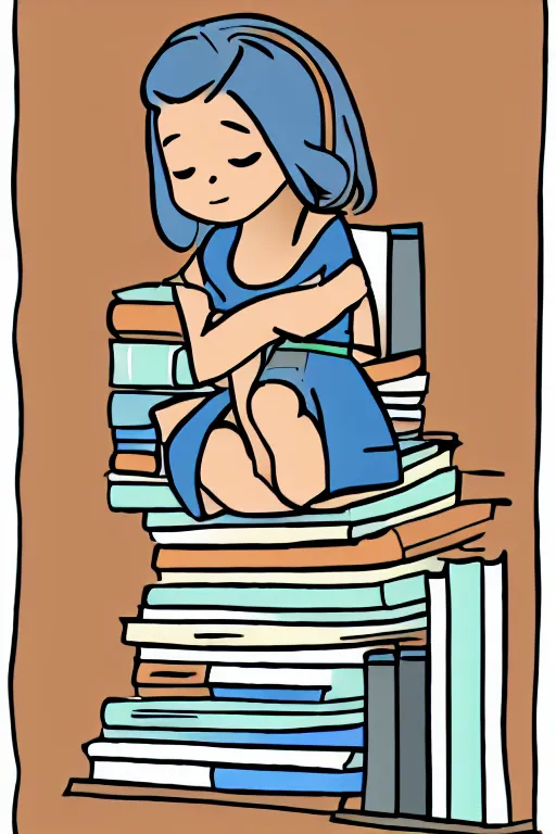 Image similar to a little girl sits cross legged on top of a tall pile of books. she is reading. clean pretty cartoon painting, 2 d, flat colors, beautiful detailed face.