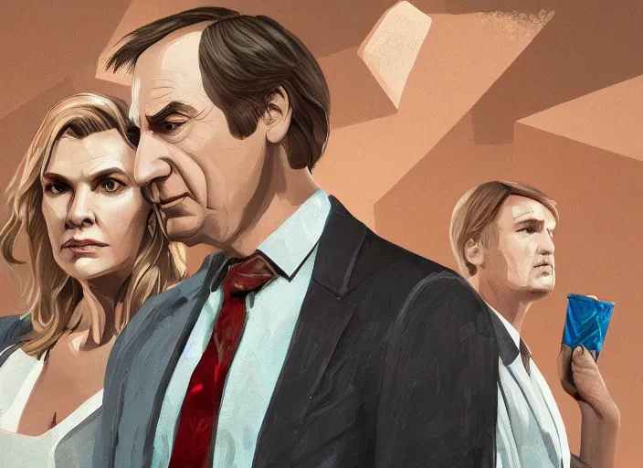 Image similar to ilustration of kim wexler and saul goodman, extremely detailed artstation, for aaa game, high quality, adobe ilustrator, behance