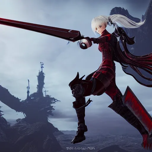 Image similar to a red au ra xaela with grey hair in a suit of astronaut armor with their futuristic scythe drawn, Final Fantasy FFXIX, high octane, detailed 3D rendered in unreal engine, 4k