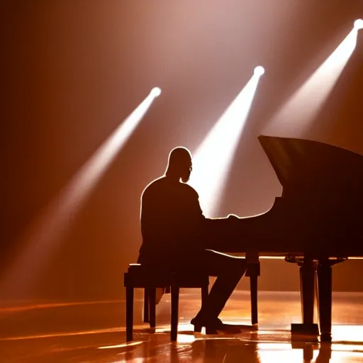 Image similar to stevie wonder sitting at a piano playing music. studio lighting, mood, god rays through fog..