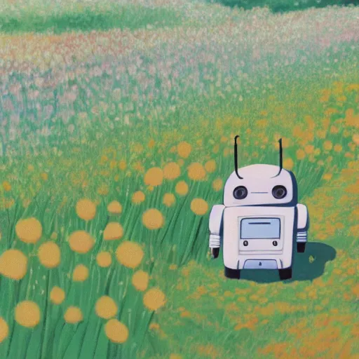 Prompt: a little robot lying in a flower field, painted by studio ghibli