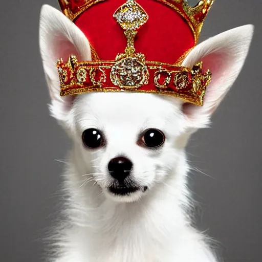 Image similar to fluffy white chihuahua king wearing a red and gold crown cinematic composition, digital art, cute