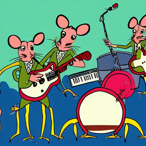 Image similar to mice playing in a rock band inspired by the beatles, animation, art by ken anderson and mel shaw,