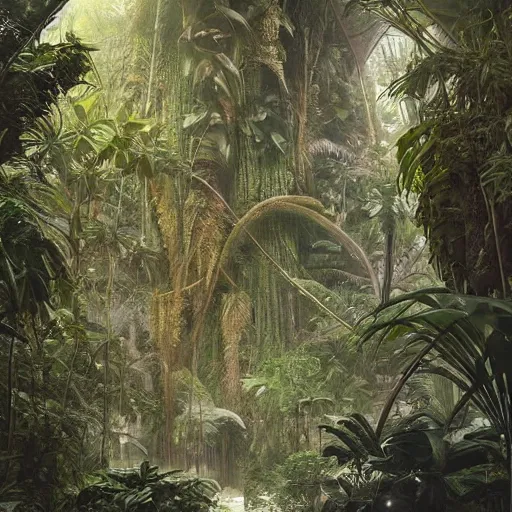 Prompt: epic, ultra detailed, hyper - real alien jungle by zaha hadid and greg rutkowski inside zdzisław beksinski