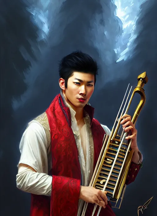 Image similar to a _ fantasy _ style _ portrait _ painting _ of asian male charismatic bard playing instrument, rpg dnd oil _ painting _ unreal _ 5 _ daz. _ rpg _ portrait _ extremely _ detailed _ artgerm _ greg _ rutkowski _ greg