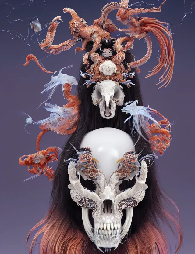 Image similar to 3 d goddess ram skull half - turn portrait with long hair with ram skull. beautiful intricately detailed japanese crow kitsune mask and clasical japanese kimono. betta fish, jellyfish phoenix, bio luminescent, plasma, ice, water, wind, creature, artwork by tooth wu and wlop and beeple and greg rutkowski