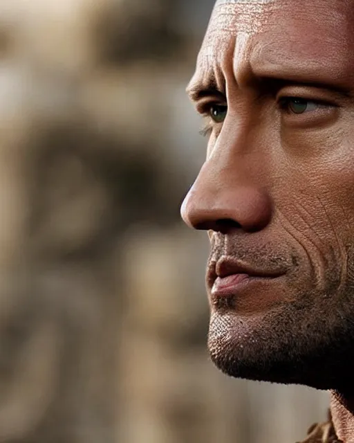 Image similar to film still close up shot of dwayne johnson as maximus from the movie gladiator. photographic, photography