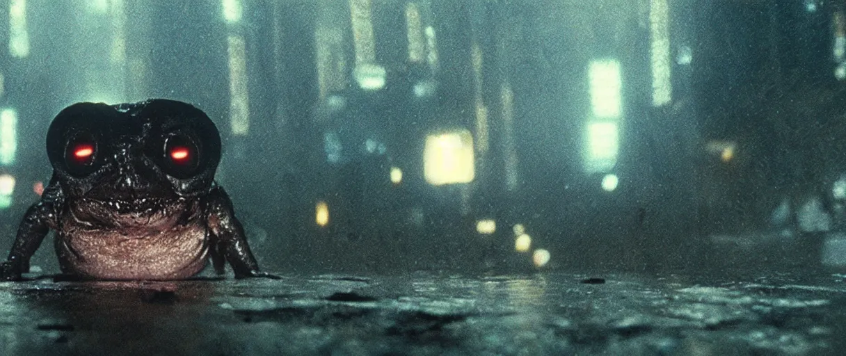 Image similar to Close up of a happy Lepidobatrachus laevis facing the camera in a still from the movie Blade Runner (1982), high quality, rain, rain drops, cold neon lighting, 4k, night, award winning photo, beautiful