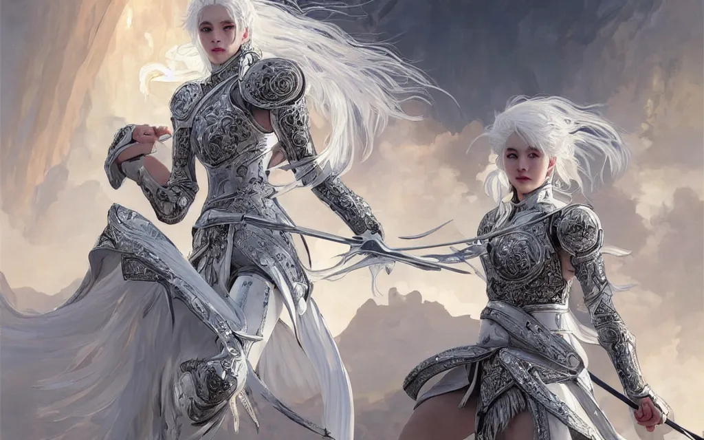 Prompt: white hair knights of zodiac girl, sliver ice color reflected armor, taekwondo vs fighting in ruined agora of athens sunrise, ssci - fi and fantasy, intricate and very very beautiful and elegant, highly detailed, digital painting, artstation, concept art, smooth and sharp focus, illustration, art by tian zi and wlop and alphonse mucha