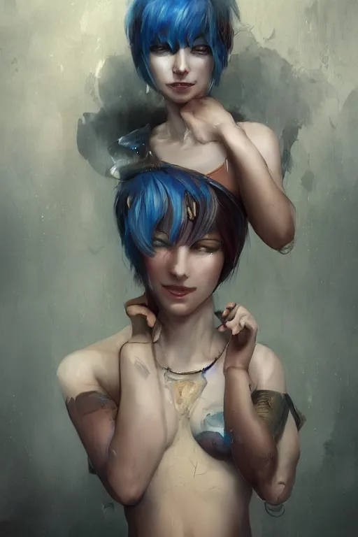 Image similar to beautiful smiling woman with short blue hair by bastien lecouffe - deharme, colorful, gorgeous, woman, 4 k very - detailed, high - quality portrait, deviantart, artstation trending