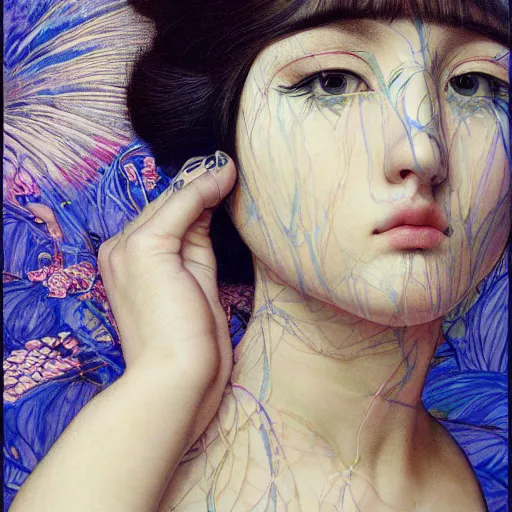 Image similar to white girl, botanical, portrait face, colorful, frantisek kupka, intricate, miles johnston, kuroda seiki, cynical realism, ozabu, john william godward, painterly, yoshitaka amano, moebius, miles johnston, louise zhang, james jean, mark ryden lowbrow pop surrealism art style