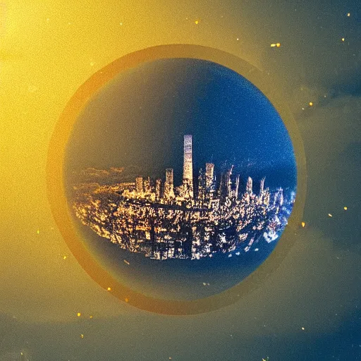 Prompt: gigantic city, in diamond glass orb, city inside is distorted by light refraction, night fog, clouds, pixel art