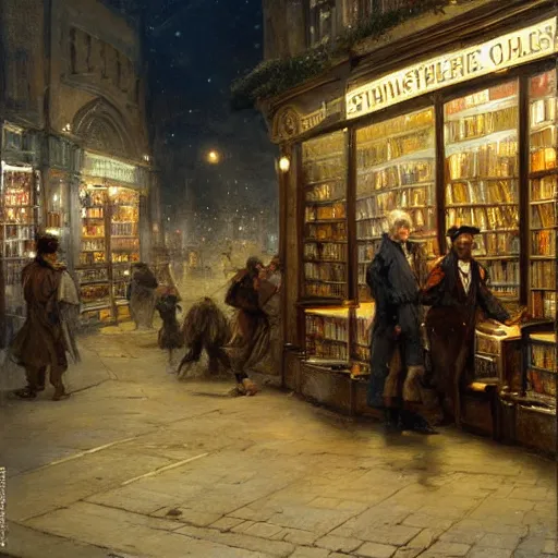 Prompt: jean-Baptiste Monge and Solomon Joseph Solomon and Richard Schmid and Jeremy Lipking victorian genre painting painting of an english 19th century english bookshop store front on a stone city streat with shops and stores at night with cozy lights